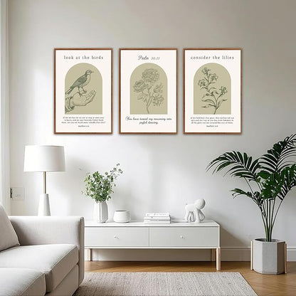 KAlRNE Sage Green Bible Verse Wall Art Set of 3, Framed Vintage Scripture Prints, Religious Birds and Lilies Decor, Green Christian Gallery Artwork for Living Room Bedroom Office