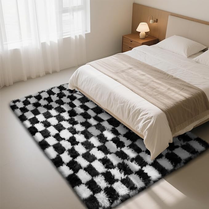 Checkered Rug for Living Room, 6x9 Black and White Area Rugs, Classic Checkered Carpets Shag Area Rug, Bedside Rugs for Living Room Bedroom Kids Room Home Decor