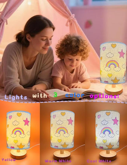 Rainbow Lamp, Rainbow Lamp for Girls Room, 3 Color Changing LED Night Light with 9 Brightness Levels Wood Nightstand Desk Base Flaxen Fabric Shade for Bedroom Living Room (Rainbows Clouds)
