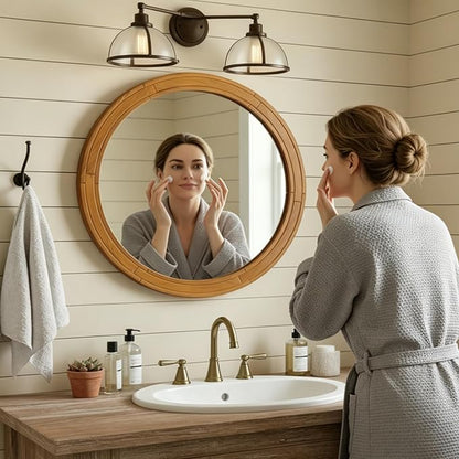 ZIYOO 30 Inch Round Wood Wall Mirror, Farmhouse Rustic Circle Mirror, Wall Mounted Decorative Mirror for Bathroom Vanity, Living Room, Entryway, Bedroom, Vanity, Hallway