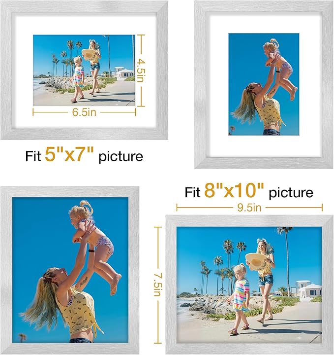 Vittanly 8x10 Picture Frames Set of 9, Shatter Resistant Plexiglass, Display 5x7 Pictures with Mat or 8x10 without Mat, Photo Frames for Wall or Tabletop, Engineered Wood, Silver
