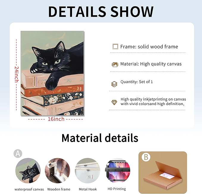 Framed Black Cat Canvas Wall Art, Funny Cat lying on a pile of books Painting, Abstract Animal Posters Prints Wall Decor for Living Room Bathroom Gallery Dining Room Decor 16x24 inch