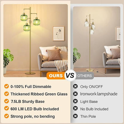 Modern Floor Lamp for Living Room, Dimmable Gold Standing Lamp with Green Glass Shade, Mid Century 3 Lights Tall Lamp, Vintage Retro Floor Lamps for Bedroom, 3×6W Bulbs Included