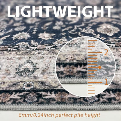 8x10 Area Rugs Dark Green Washable Rug for Living Room, Dining Room, Bedroom, Large Carpets, Non Slip & Non-Shedding Low Pile Vintage Print Rug for Home Office Decor