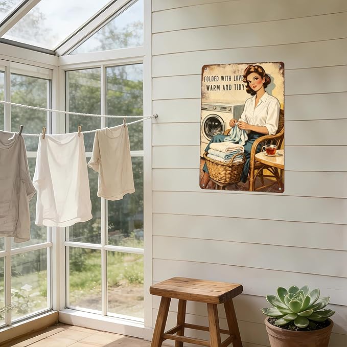 Funny Laundry Sign Vintage Tin Plaque Folded With Love Warm And Tidy Wall Art Laundry Room Decor Rustic Farmhouse Home Gift 16x12 Inch
