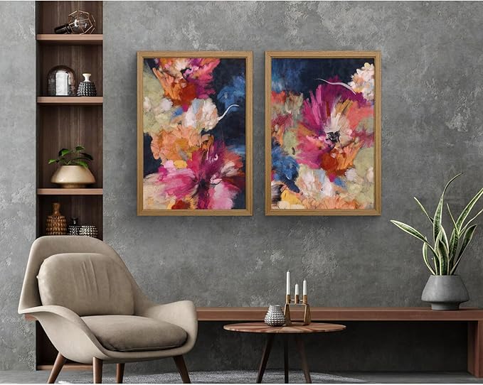 Colorful Abstract Wall Art Decor Modern Flower Canvas Wall Art Abstract Flower Pictures Painting Modern Colorful Artwork Posters Abstract Prints for Living Room Bedroom 12x16 Inch Framed Set of 2