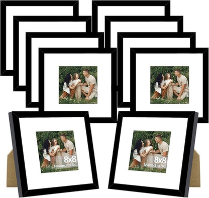 JCJMY 10 Packs 8x8 Picture Frames, Display 5x5 with Mat or 8x8 without Mat, Square 8 by 8 Frames Bulk Set of 10 Collage Wall Decor Photo Frames Set for Wall and Tabletop, Black