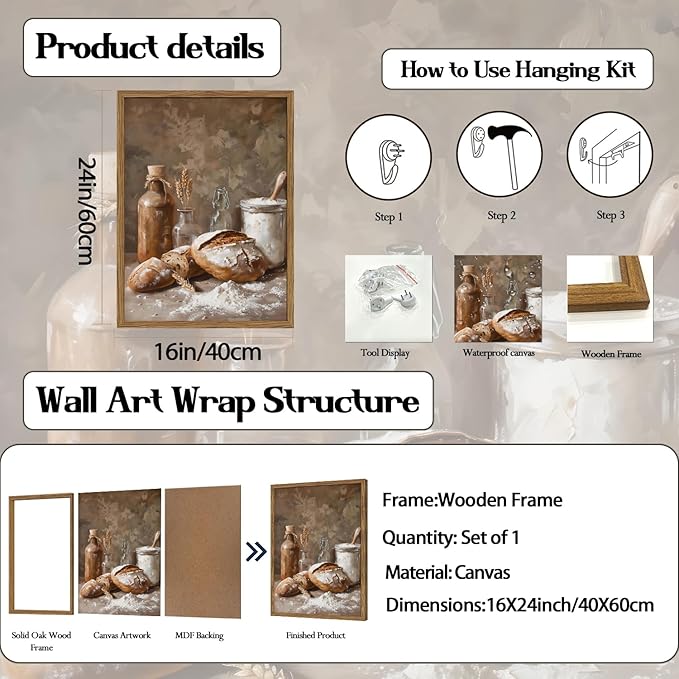 Framed Vintage Kitchen Wall Art, Rustic Bread and Flour Pictures Wall Decor Paintings, Farmhouse Food Poster Canvas Prints Country Home Decor for Dining Room Living Room Bakery 16x24 inch