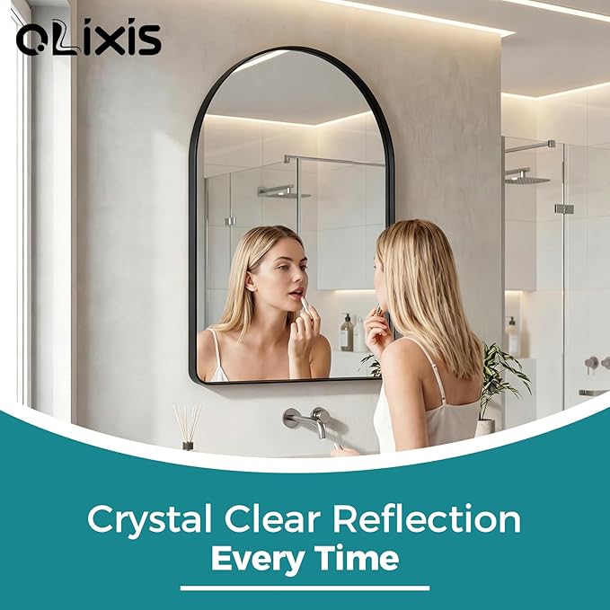 OLIXIS Arched Bathroom Mirror for Over Sink, 30x20 Inch Wall Mirror Arched Rounded Rectangle, Modern Wall Mount Vanity Mirror with Matte Metal Deep Framed, for Home Decor, Living Room, Black