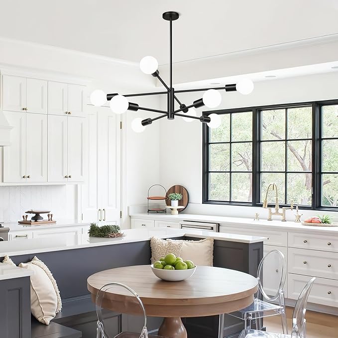 10.9"-52.3" Height Adjustable Sputnik Chandeliers Dining Room Light Fixture (8-Light, 30-Inch), Modern Black Chandelier, Mid Century Modern Chandeliers for Dining Room Kitchen (Bulbs Not Included)