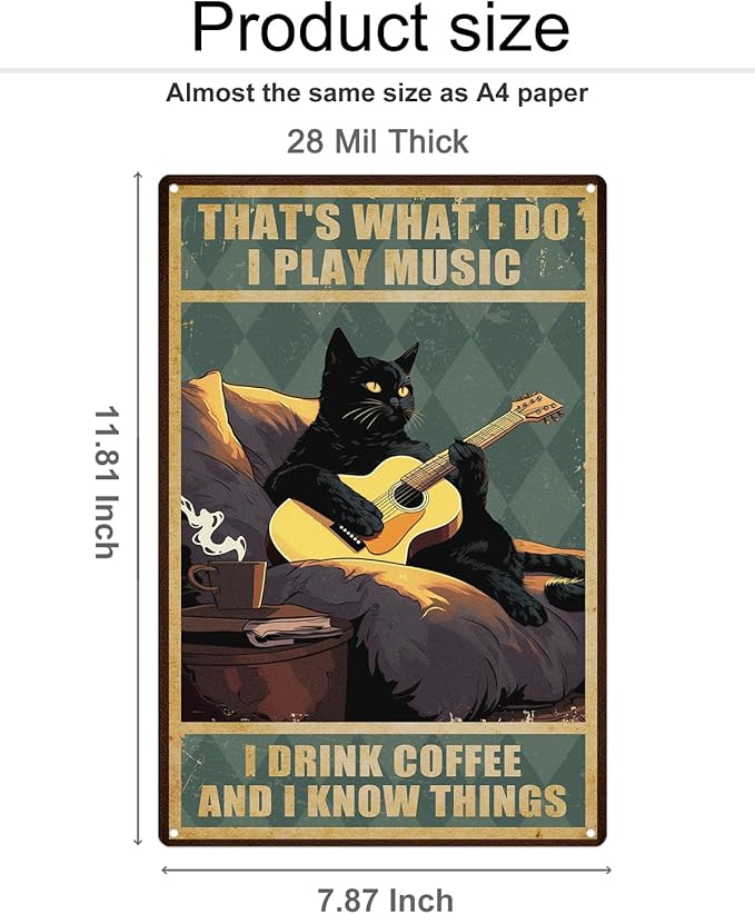 ALKB Guitar Art Black Cat Sign - Thats What I Do I Play Guitar and I Know Things 8x12 Inch - Guitar Player Gift Ideas