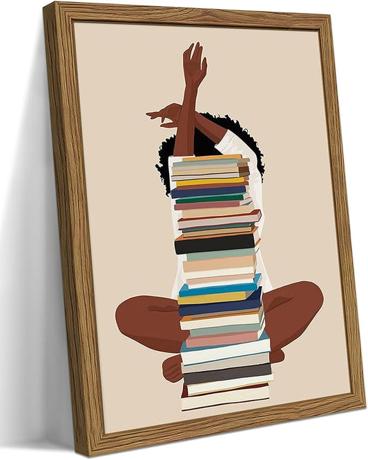 AKWISH Wood Framed Black Girl Canvas Wall Art – African American Wall Decor, Modern Black Woman with Book Art for Bedroom Living Room – 36x24 inch