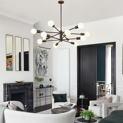 10.9"-52.3" Height Adjustable Sputnik Chandeliers Dining Room Light Fixture (12-Light, 33-Inch), Modern Brown and Gold Chandelier, Mid Century Modern Chandeliers for Dining Room (Bulbs Not Included)