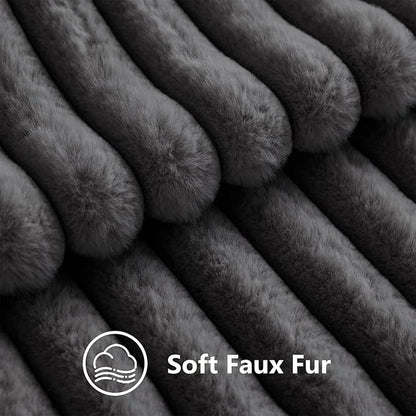 decorUhome Cozy Faux Fur Throw Pillow Covers 12x20 Set of 2 Decorative Soft Plush Striped Lumbar Modern Farmhouse Boho Couch Pillow Cases with Velvet Back for Sofa Bed Living Room, Dark Grey