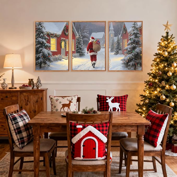 Aurlan Santa Claus is Coming to Town Framed Wall Art(16"x24"), 3PCS Vintage Christmas Winter Holiday Canvas Artwork, Large Xmas Snow Forest Cabin Cottagecore Decor for Home Office Bedroom