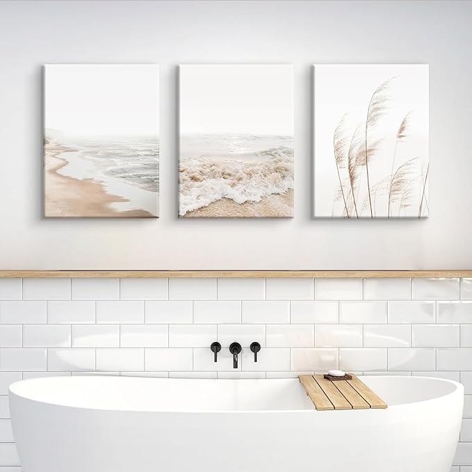 HDXUFJQ Neutral Beach Coastal Canvas Wall Art Beach Boho Botanical Pampas Grass Wall Decor Minimalist Nature Landscape Pictures Painting Summer Ocean Prints Waves Artwork(16"x24")