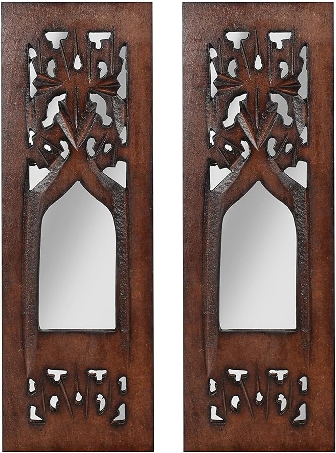 The Wooden Town Wall Hanging Plaques Wall Décor Jharokha With Mirror, Elegant Sculpture Wall Décor Panel to Enhance the Décor of Your Room or Office - 12x4 Inch - Burnt Set of 2