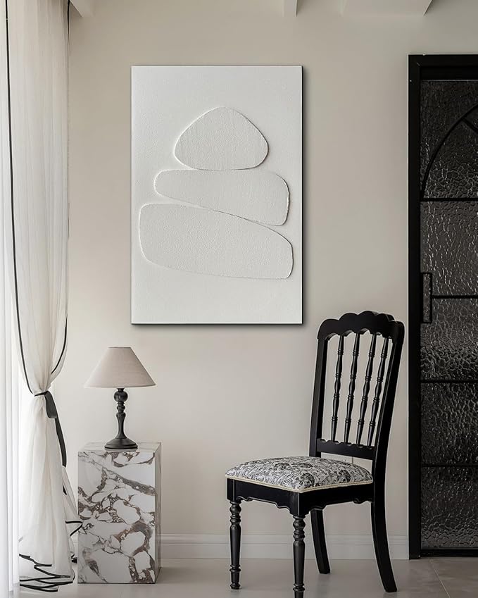 Creespi White Textured Wall Art - Hand Painted Minimalist 3D Art Painting 24x36 inches,Modern Abstract Oil Painting On Canvas for Home Wall Decor