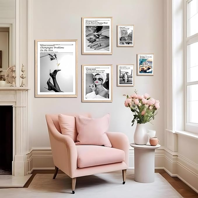 Framed Newspaper Wall Art, Champagne Problems Poster Black and White Vintage Aesthetic Canvas Print Picture, Fashion Glam High Heels Cocktail Glass Wall Decor for Bar Apartment Girls Room 12x16 inch