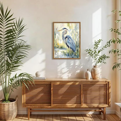 Framed Blue Heron Wall Art, Watercolor Sea Bird Pictures Wall Decor, Coastal Nature Wildlife Animal Paintings Canvas Prints for Living Room Bedroom Bathroom Office Home Decor 12x16 inch