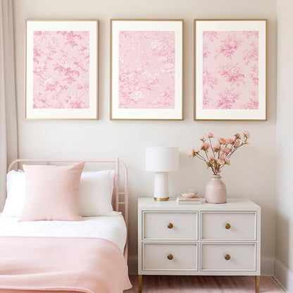 Baccone Pink Floral Wall Art Chinoiserie Flower Wall Decor Pictures Aesthetic Canvas Wall Art Love Shack Fancy Poster Vintage Floral Prints for Living Room Bedroom 16x24 Inch Unframed Set of 3