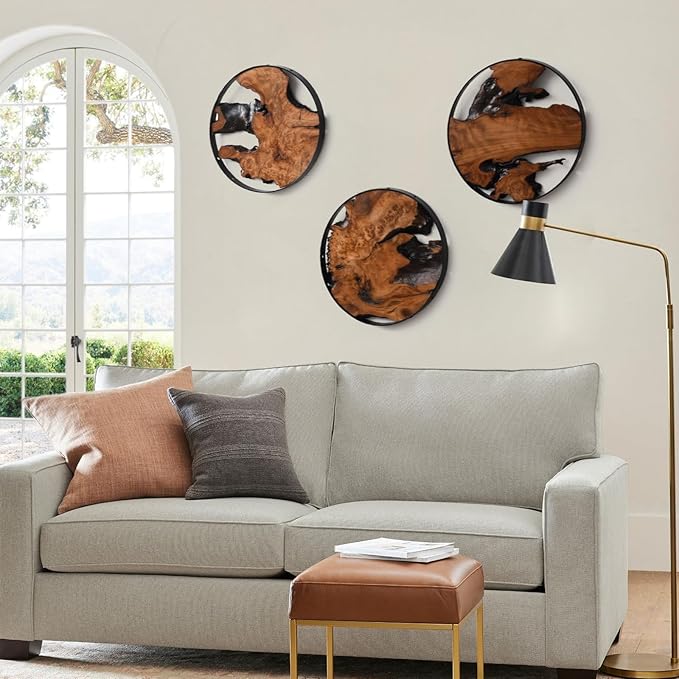 WELLAND 3 Pieces Round Cedar Wood Wall Art Decoration Ornaments, 11.81" L x 0.87" W x 11.81" H, Hanging Decoration for Home Office, Living Room, Bedroom, Bathroom, Dining Room, Entryway