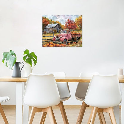 LB Fall Pumpkin Truck Wall Art Vintage Red Truck with Autumn Pumpkins in Farm Canvas Wall Art Farmhouse Harvest Wall Art Decor for Living Room Bedroom Bathroom Office Framed Ready to Hang 12L x 12W