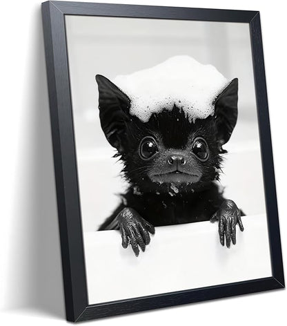 Funny Bat Bathroom Wall Art, Black and White Cute Animal Canvas Print Poster, Gothic Farmhouse Bat Wall Decor Painting, Humorous Halloween Restroom Picture Home Decoration 8x10 Inch Framed