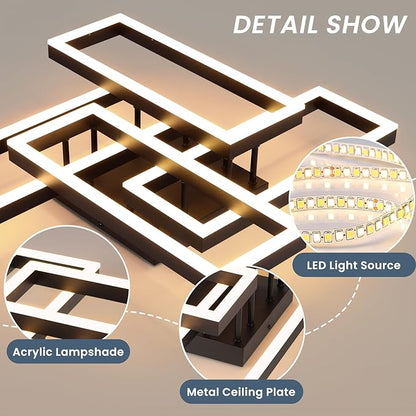 EIDISUNY Modern Led Ceiling Light for Living Room,Black Flush Mount Ceiling Lights with Remote Control&APP，3000-6500K Dimmable, 54W Acrylic Ceiling Lamp for Bedroom Kitchen Dining Room