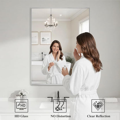 Koonmi Silver Rectangle Wall Mirror, 30x40 Inch Bathroom Mirror, Aluminum Frame Vanity Mirror for Entryway, Living Room, Bedroom Bathroom, Hangs Horizontally or Vertically