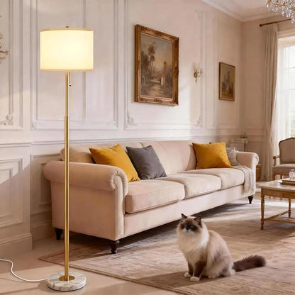 Modern Floor Lamp for Living Room with White Shade, Pull Chain Switch, 66" Tall Industrial Floor Lamps Reading with Marble Base for Bedroom Office (9W LED Bulb Included) -Gold