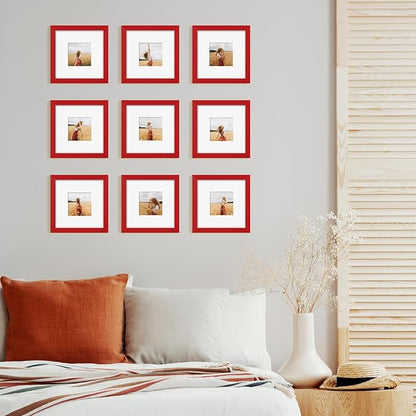 YESKAY 8x8 Picture Frame Set of 9, Photo Gallery Wall Frame Set, Display Pictures 4 x 4 with Mat or 8x8 Without Mat, Square Frame Picture Frames Collage Wall Decor, Red