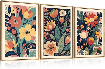KAIRNE Vintage Colorful Floral Framed Canvas Wall Art Set,Mid Century Modern Flower Wall Decor,Retro Wildflower Art Prints,Boho Botanical Artwork for Living Room,Bedroom,Farmhouse,Office-24 x36 x3