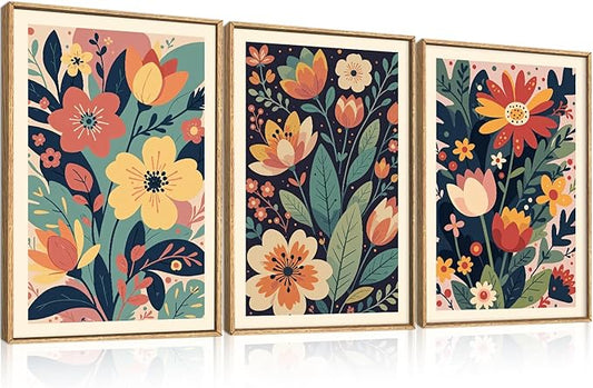 KAIRNE Vintage Colorful Floral Framed Canvas Wall Art Set,Mid Century Modern Flower Wall Decor,Retro Wildflower Art Prints,Boho Botanical Artwork for Living Room,Bedroom,Farmhouse,Office-16 x24 x3