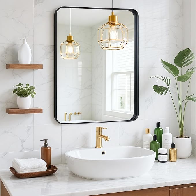 24x30 Inch Black Metal Framed Mirror - Black Bathroom Mirror for Over Sink, Matte Round Corner Rectangle Vanity Mirror for Restroom, Bedroom, Entryway, Hanging Vertically or Horizontally
