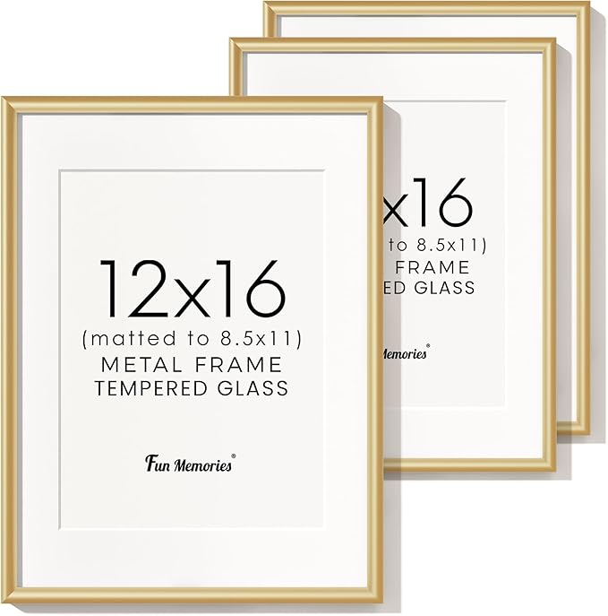 Fun Memories 12x16 Picture Frame Gold, Aluminum Picture Frames 12"x16", 12x16 Picture Frame with Mat for 8.5x11, 12 by 16 Frame Real Glass, 12 x 16 Metal Frame for Home Decor