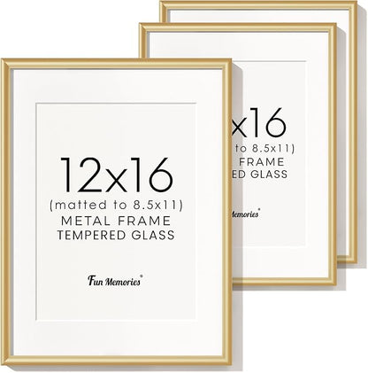 Fun Memories 12x16 Picture Frame Gold, Aluminum Picture Frames 12"x16", 12x16 Picture Frame with Mat for 8.5x11, 12 by 16 Frame Real Glass, 12 x 16 Metal Frame for Home Decor