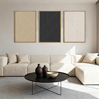 BINCUE Neutral Abstract Wall Art Mid Century Modern Wall Paintings Boho Artwork Geometric Wall Pictures Abstract Black Wall Decor Modern Neutral Art Prints for Living Room Bedroom Bathroom Office 16x24 Inch Set of 3