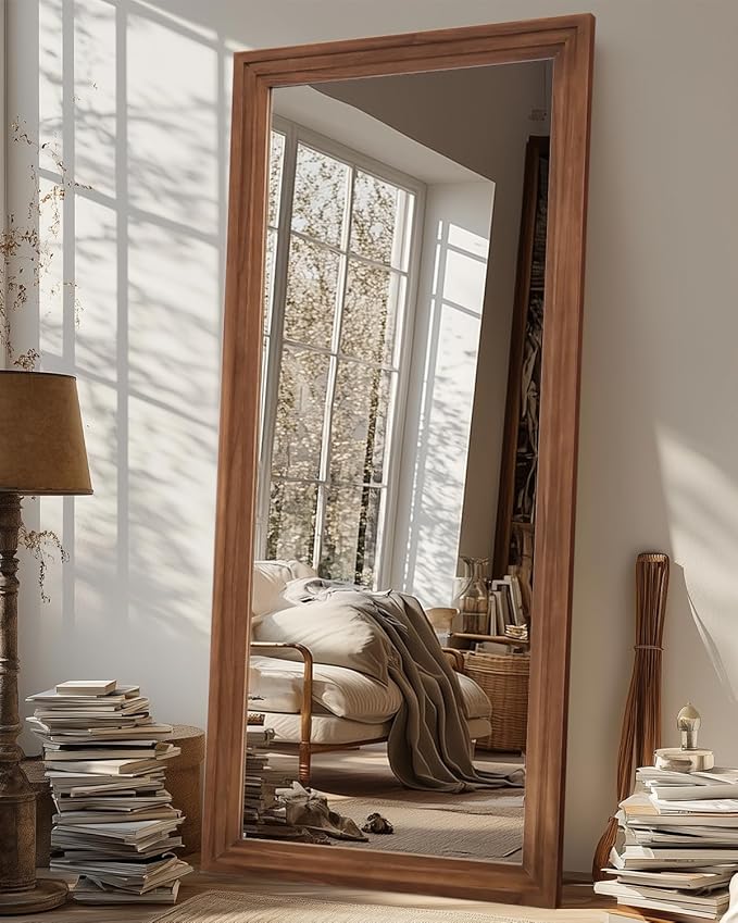 Full Length Mirror, 71"x32" Wooden Mirror Full Length with Stand Wood Floor Mirror, Oversized Stand Up Mirrors Large Wall Mirrors, Wall Mounted Mirrors, Rect Wood Style, Brown