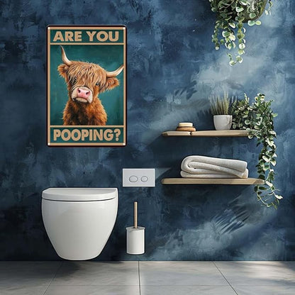 Metal Sign Vintage Sign Highland Cow Are You Pooping Funny Tin Sign for Bathroom Toilet Wall Decor 8x12 Inch