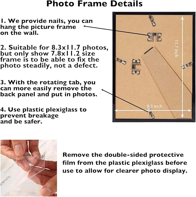 JCJMY 8.3x11.7 A4 Picture Frame Set of 6 for Wall Hanging or Tabletop Horizontally or Vertically, A4 Frame 8.3 x 11.7 Wall Gallery Poster Photo Frame with Shatter Resistant Plexiglass, 6 Pack, Black