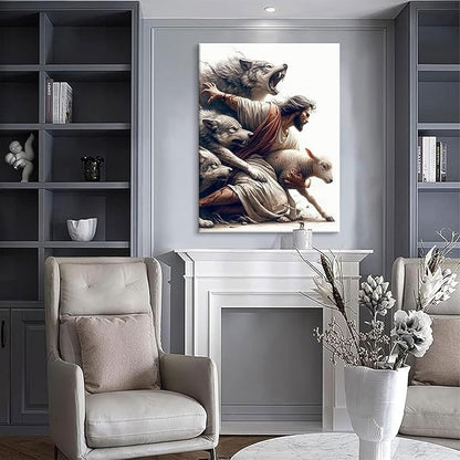 Jesus and Lamb Wall Art Jesus Saves the Lost Sheep Christian Picture Wall Decor Shepherd Protect a Lamb from Wolves Painting Poster Print Artwork for Living Room Bedroom Church Decor 24X36 in canvas