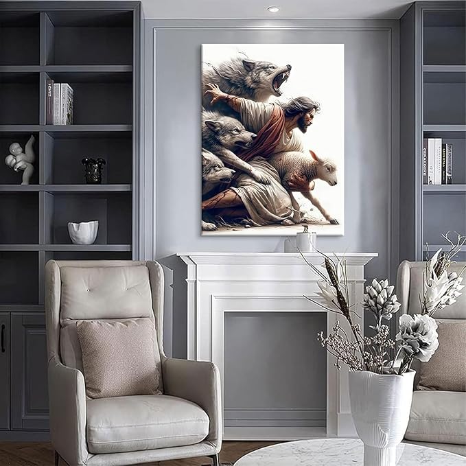 Jesus and Lamb Wall Art Jesus Saves the Lost Sheep Christian Picture Wall Decor Shepherd Protect a Lamb from Wolves Painting Poster Print Artwork for Living Room Bedroom Church Decor 8X10 in canvas