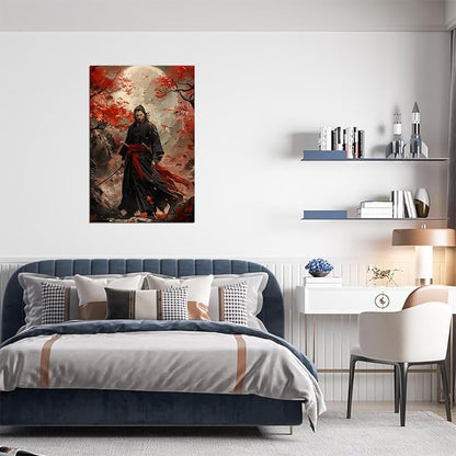 Oriental Samurai Wall Art Black and Red Warrior Wall Decor Canvas Prints Warrior Figure Pictures Bushido Posters Artwork Framed for Living Room Bathroom Bedroom Office (28''W x 44''H)