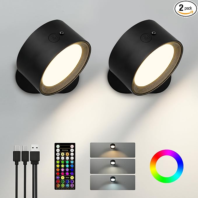 Wall Mounted Lights, 2 Pack Rechargeable RGB Color Changing Light, 3 Color Temps & Remote and Touch, 360°Rotation Dimmable Cordless for Study Bedroom Reading Bedside (Black)