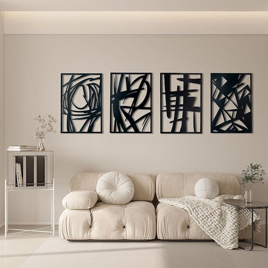 OYEFLY 4 Pack Abstract Metal Wall Art,Minimalist Art Decoration for Living Room Bedroom Bathroom Study (Black, 16 x 11inch)