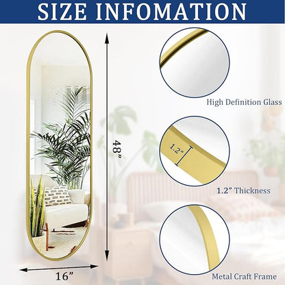 Large Oval Full Length Mirror, Pill Shaped Oblong Bathroom Wall-Mounted Mirrors, Metal Aluminum Alloy Frame Modern Simple Home Decor for Living Room Bedroomm 48"x16" Light Gold
