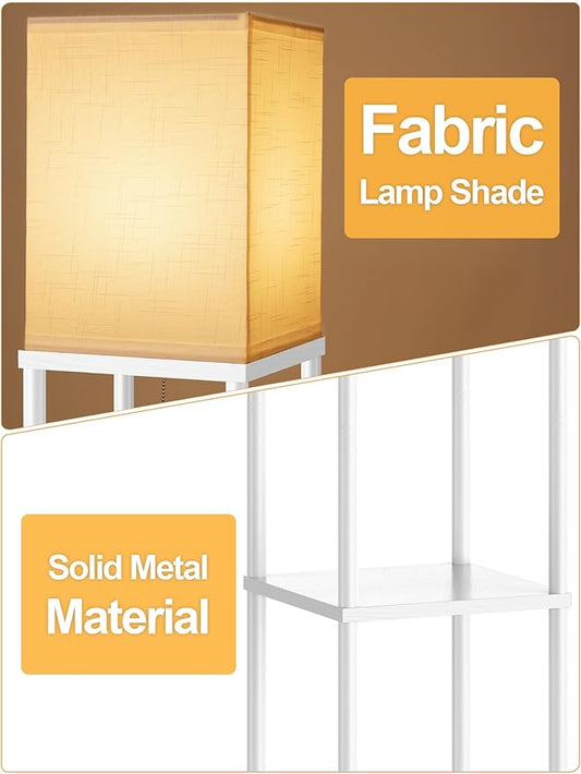 Floor Lamp with Shelves for Living Room 2 Pack, Shelf Floor Lamp with 3 CCT LED Bulb, Corner Display Standing Column Lamp Etagere Organizer Tower Nightstand with White Linen Shade for Bedroom, White