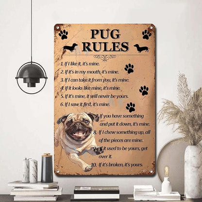 Metal Sign Tin Sign Vintage Wall Art Pug Rules Bar Signs for Home Decor for Room 12×16 Inches