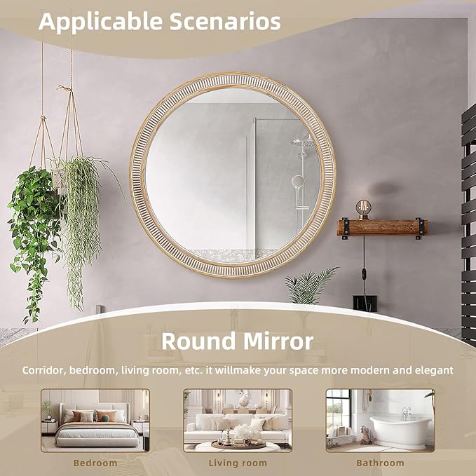 HOITUZYUS Round Wood Mirrors for Wall Decor, 30 Inch Rustic Farmhouse Circle Decorative Mirror for Bathroom, Living Room, Foyer, Entryway, Bedroom